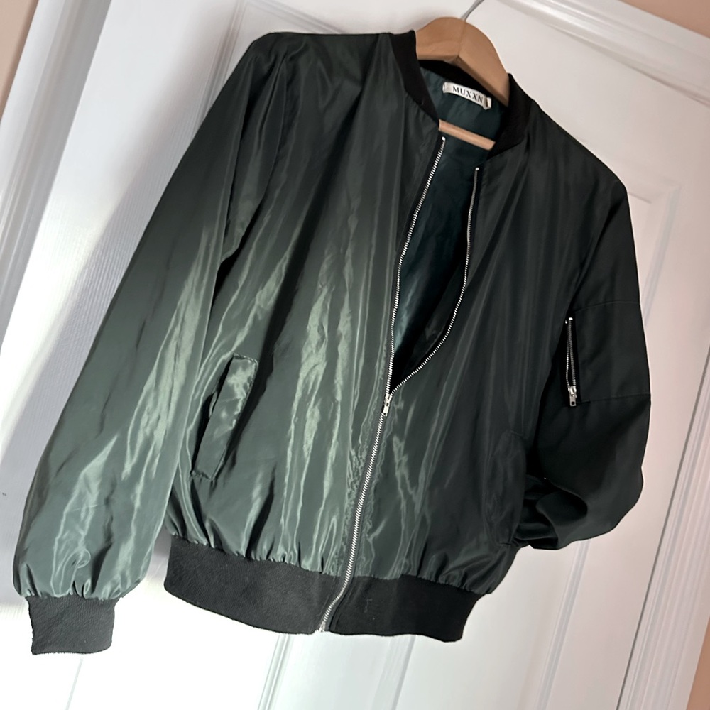 Womens Olive Green Bomber Jacket With Zipper Closure & Ribbed Cuffs